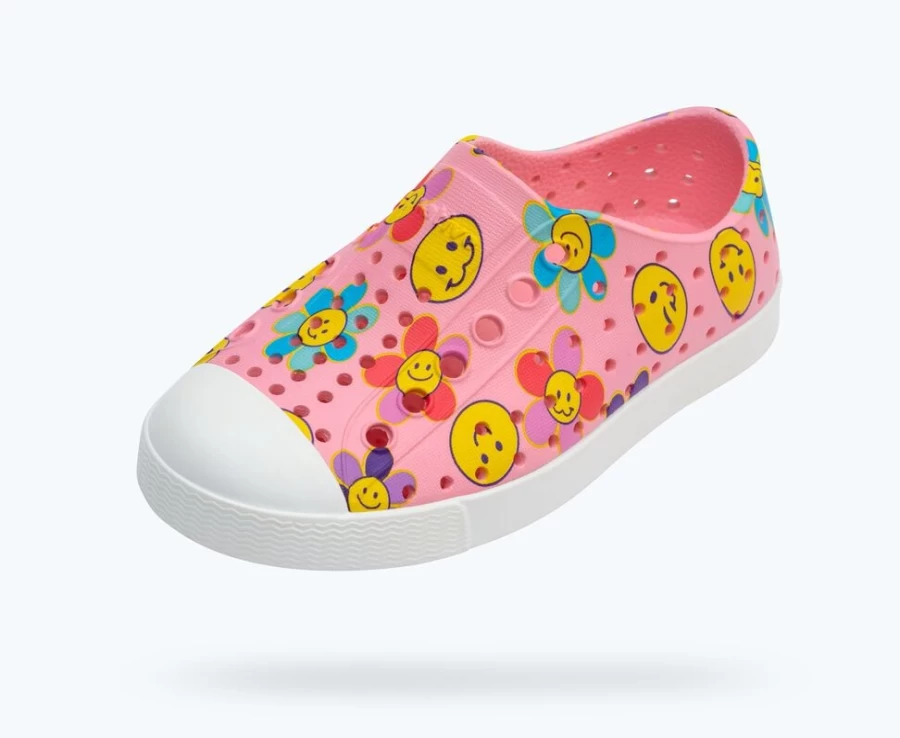 Native Shoes Jefferson Sugarlite Print Sneakers for Girls in Princess Pink/Shell White/Haze Sunpetal