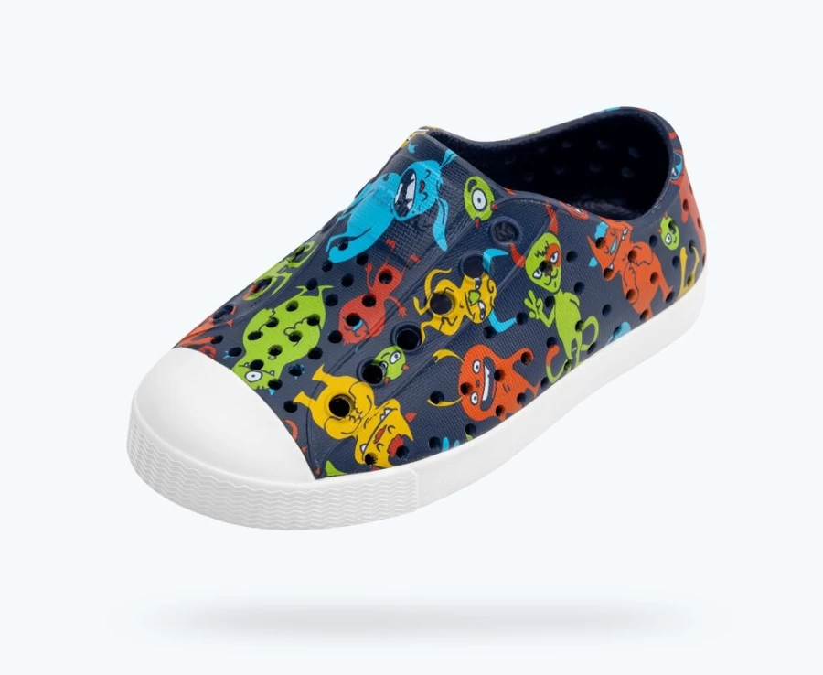 Native Shoes Jefferson Sugarlite Print Sneakers for Girls - Regatta Blue/Shell White/Resting Laflame Critters